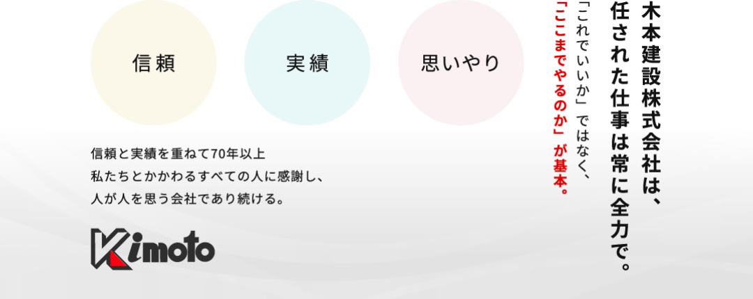 木本建設株式会社は、任された仕事は常に全力で。「これでいいか」ではなく、「ここまでやるのか」が基本。信頼と実績を重ねて70年以上。私たちとかかわるすべての人に感謝し、人が人を思う会社出あり続ける。信頼・実績・思いやり